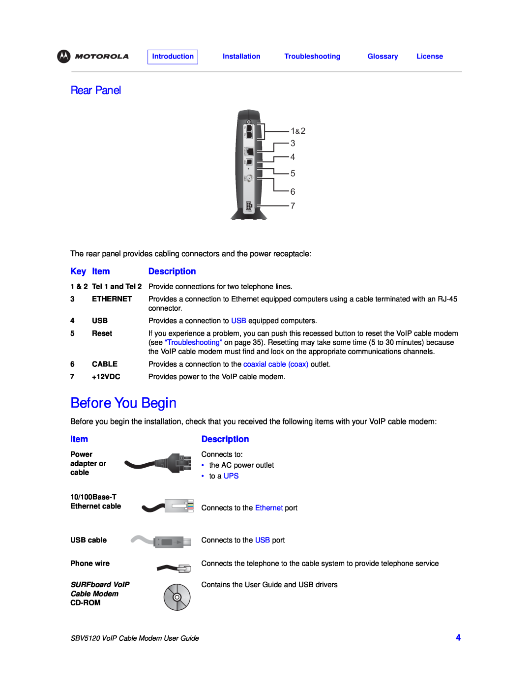 Motorola SBV5120 manual Before You Begin, Rear Panel, Key Item, Description, Introduction, 1 & 2 Tel 1 and Tel 