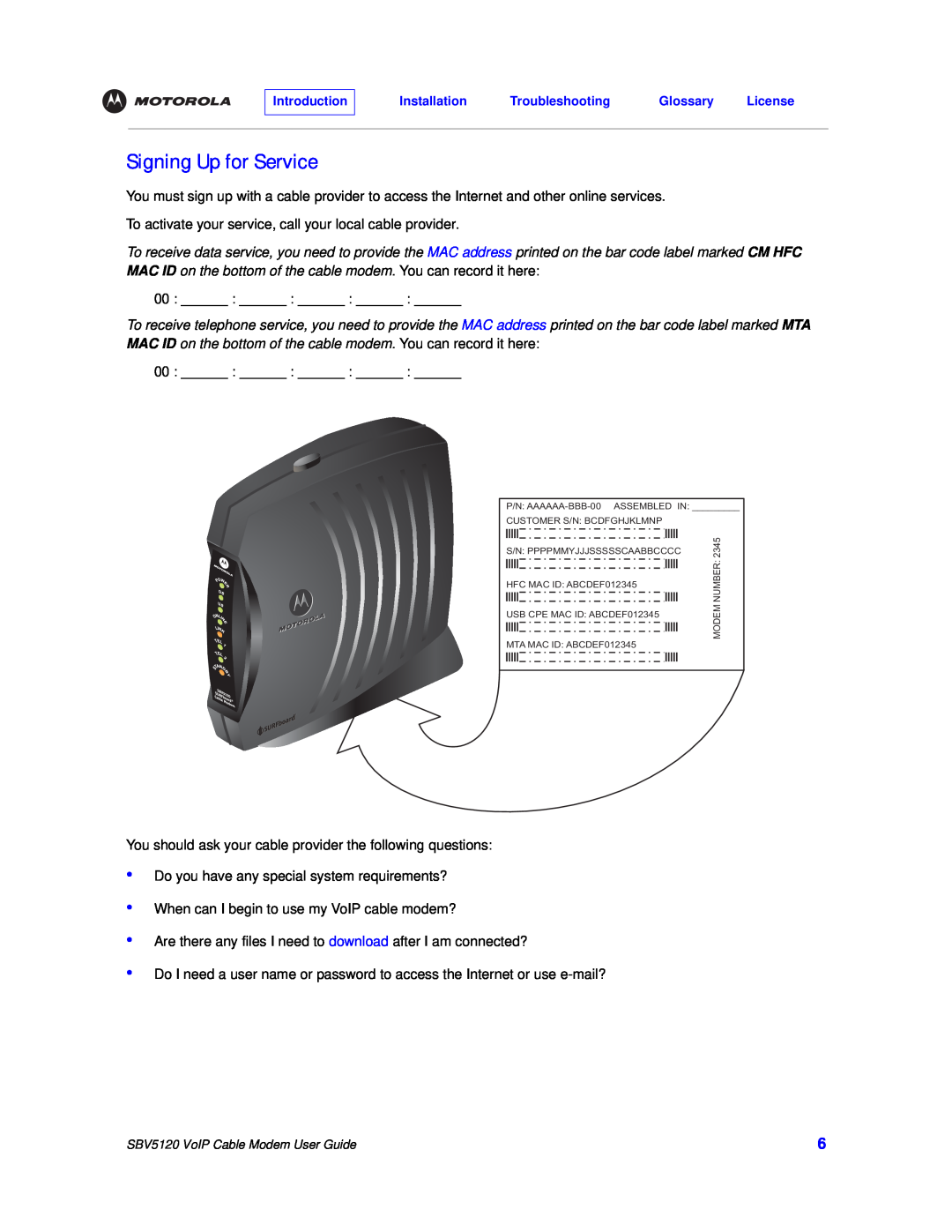 Motorola SBV5120 manual Signing Up for Service 