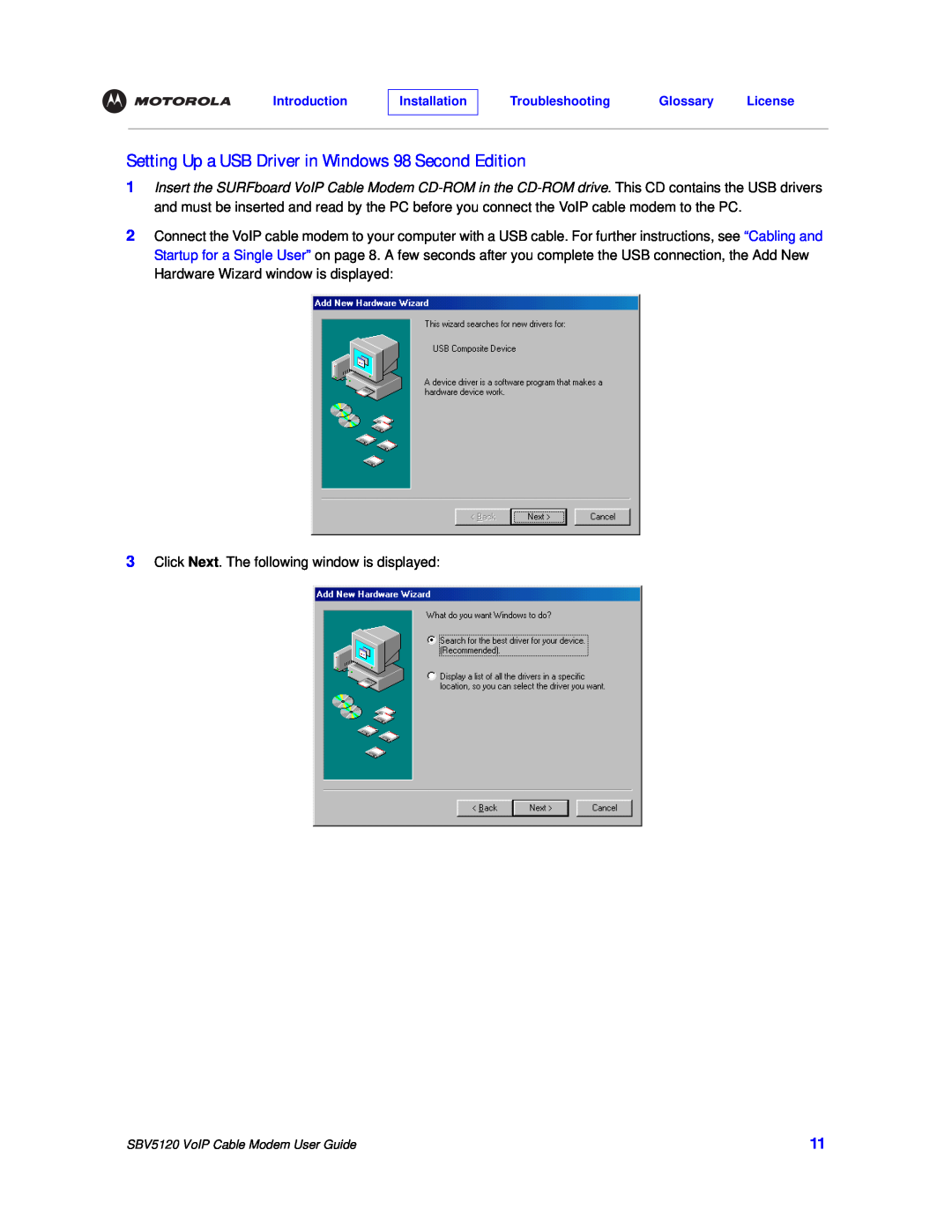 Motorola SBV5120 manual Setting Up a USB Driver in Windows 98 Second Edition 