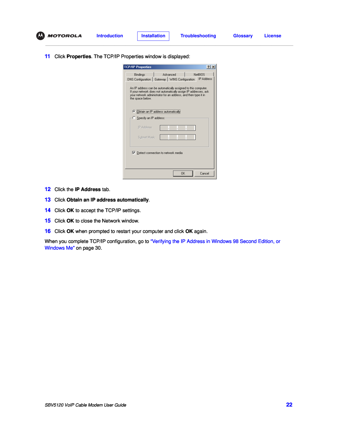 Motorola SBV5120 manual Click Obtain an IP address automatically 