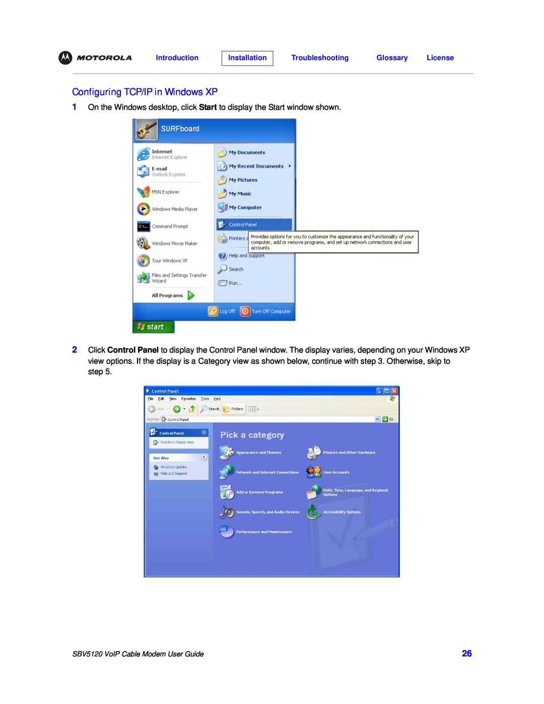 Motorola SBV5120 manual Configuring TCP/IP in Windows XP 