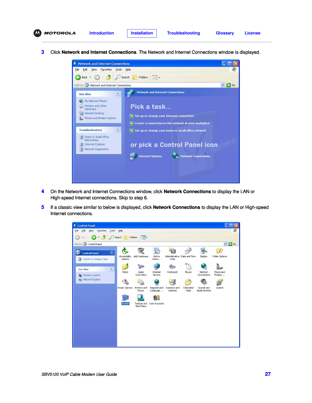 Motorola SBV5120 manual Click Network and Internet Connections. The Network and Internet Connections window is displayed 