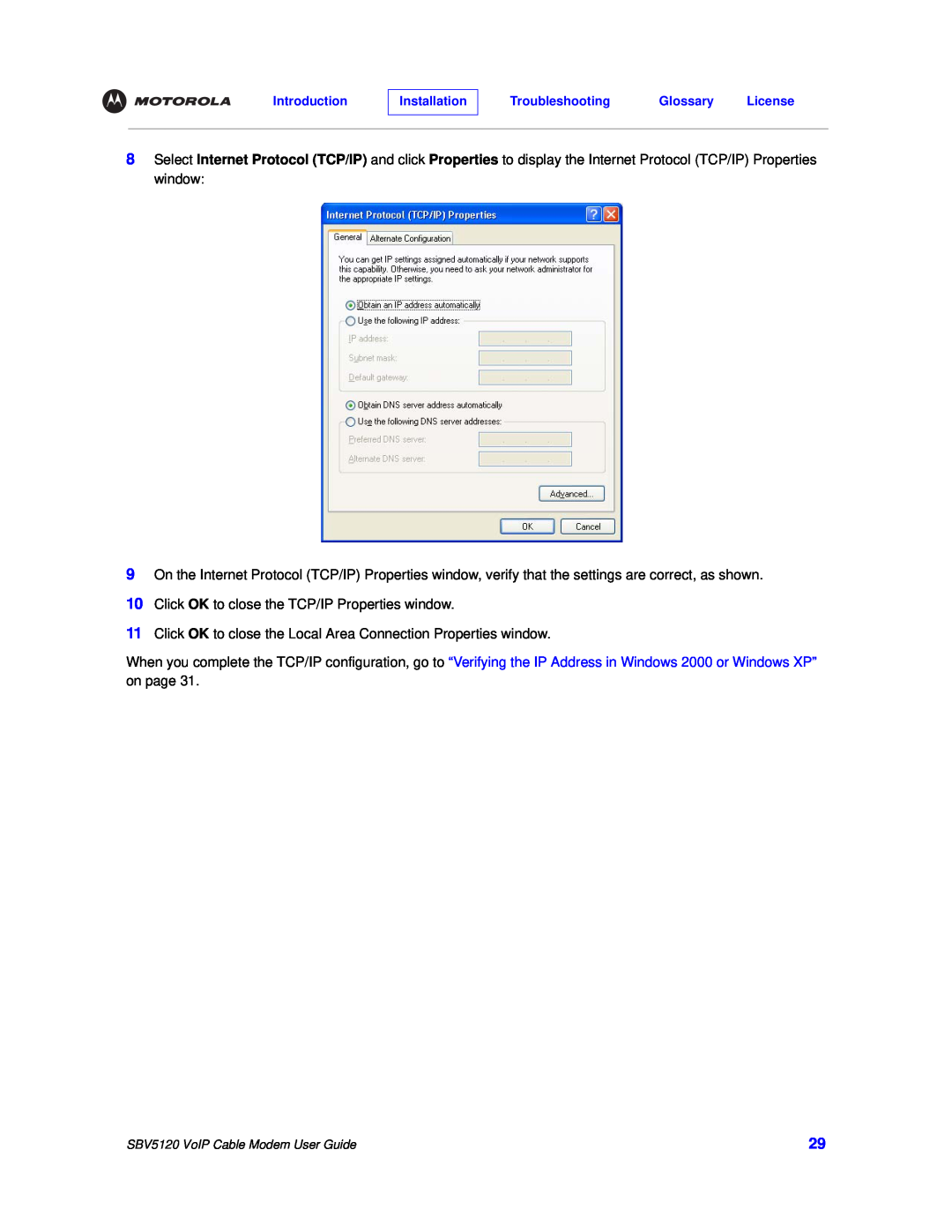 Motorola SBV5120 manual Click OK to close the TCP/IP Properties window 