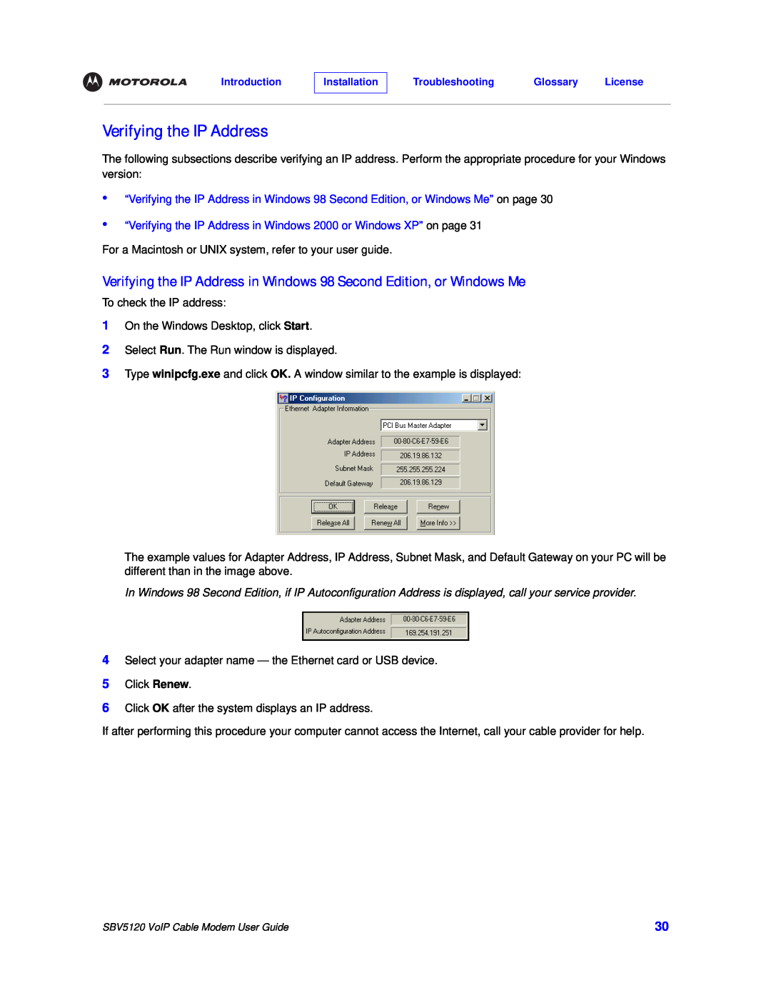 Motorola SBV5120 manual Verifying the IP Address in Windows 98 Second Edition, or Windows Me 