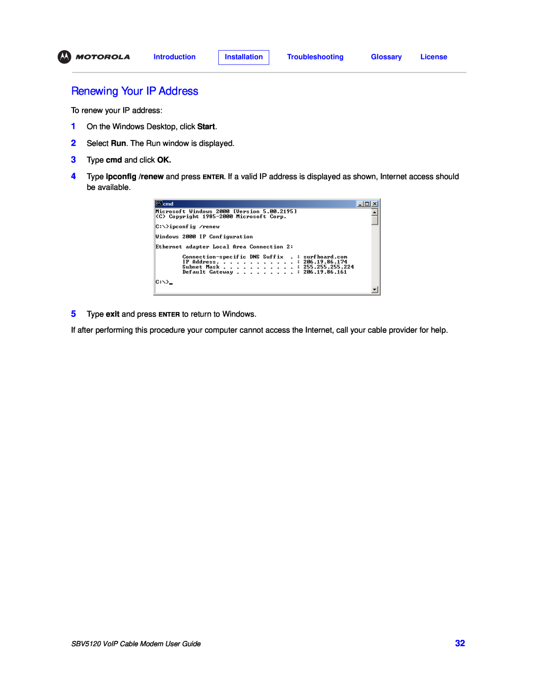 Motorola SBV5120 manual Renewing Your IP Address 