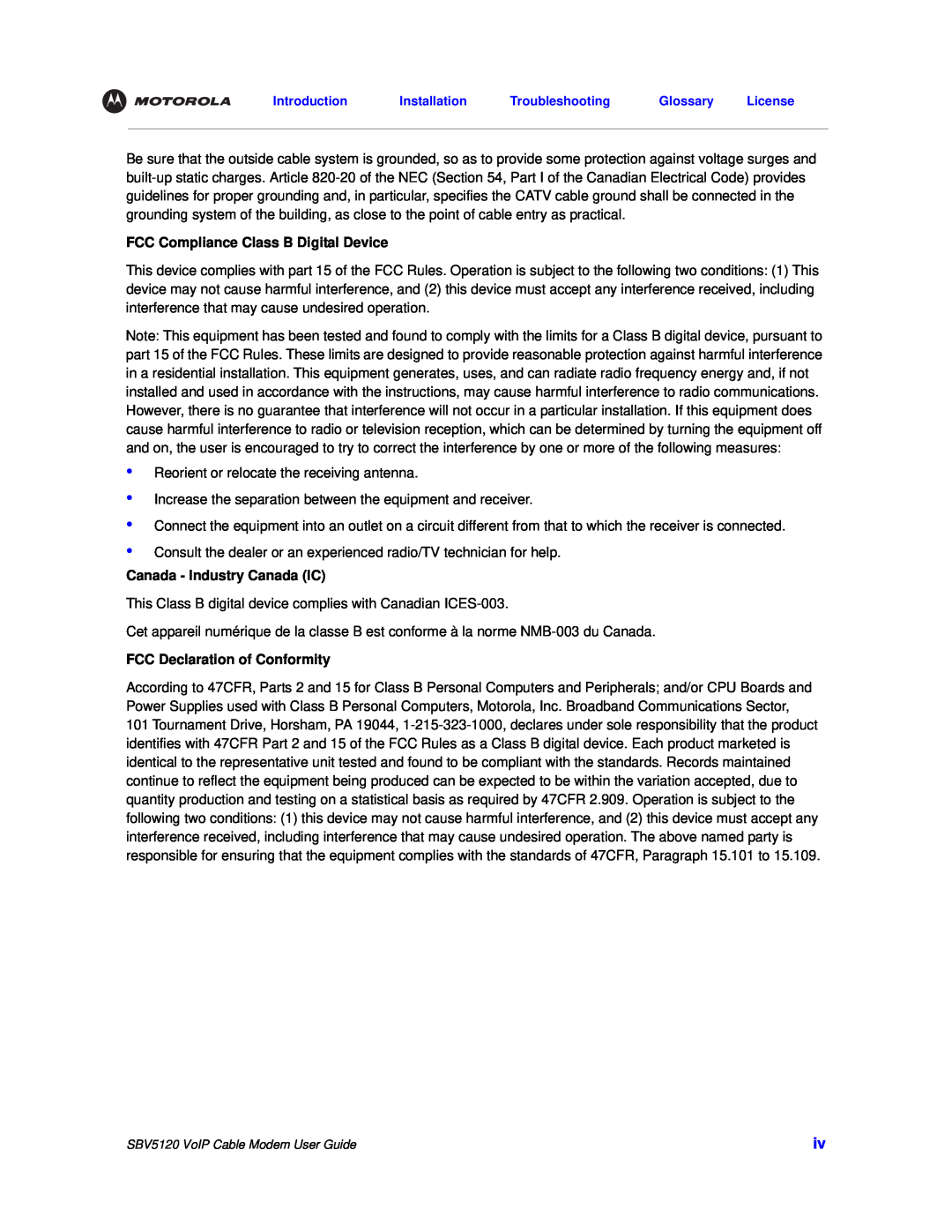 Motorola SBV5120 manual FCC Compliance Class B Digital Device, Canada - Industry Canada IC, FCC Declaration of Conformity 