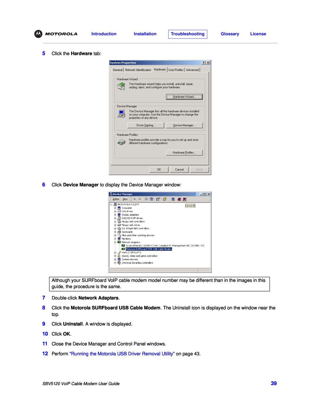 Motorola SBV5120 manual Double-click Network Adapters, Perform “Running the Motorola USB Driver Removal Utility” on page 