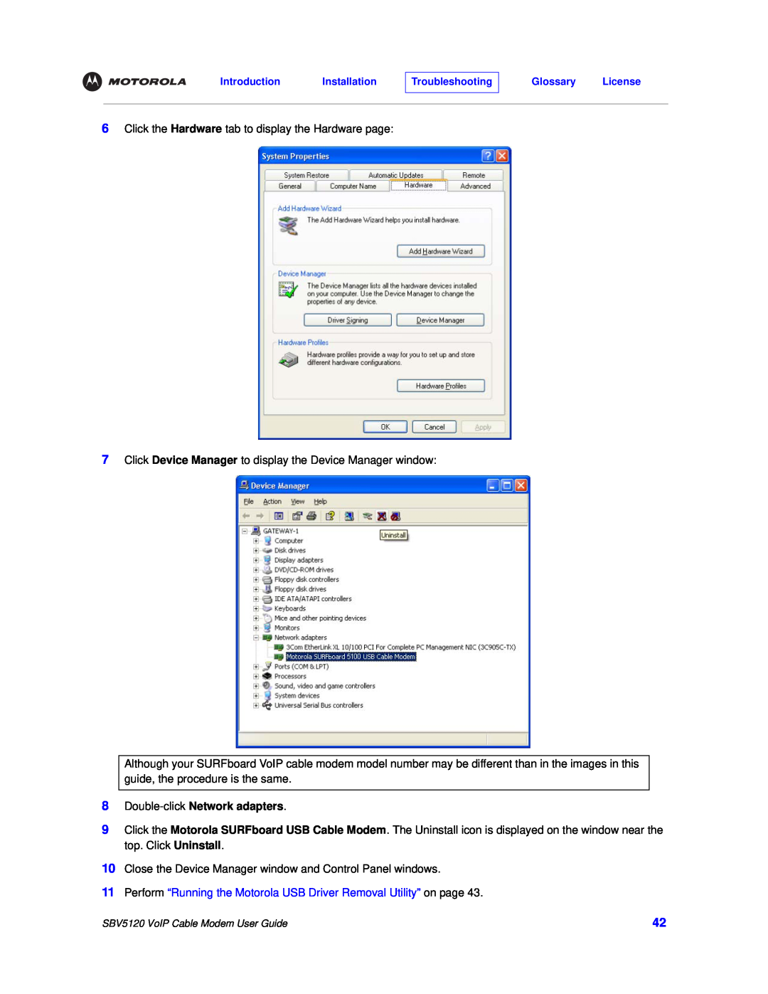Motorola SBV5120 manual Double-click Network adapters, Perform “Running the Motorola USB Driver Removal Utility” on page 