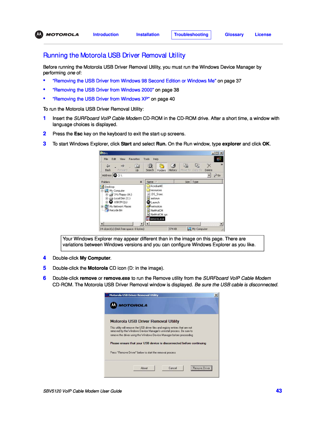 Motorola SBV5120 manual Installation, Troubleshooting, Glossary License 