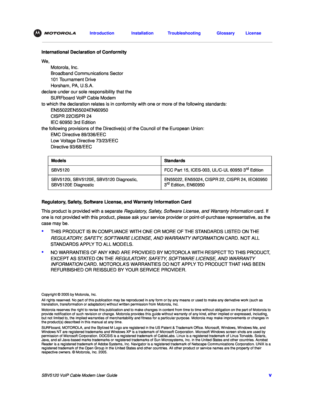 Motorola SBV5120 manual International Declaration of Conformity 