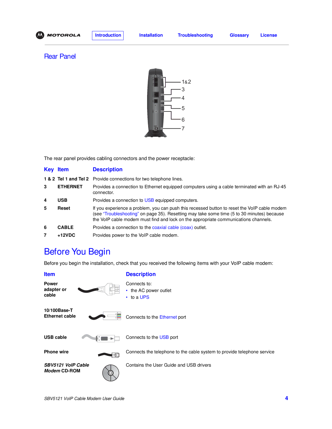 Motorola SBV5121 manual Before You Begin, Rear Panel, Reset, +12VDC 