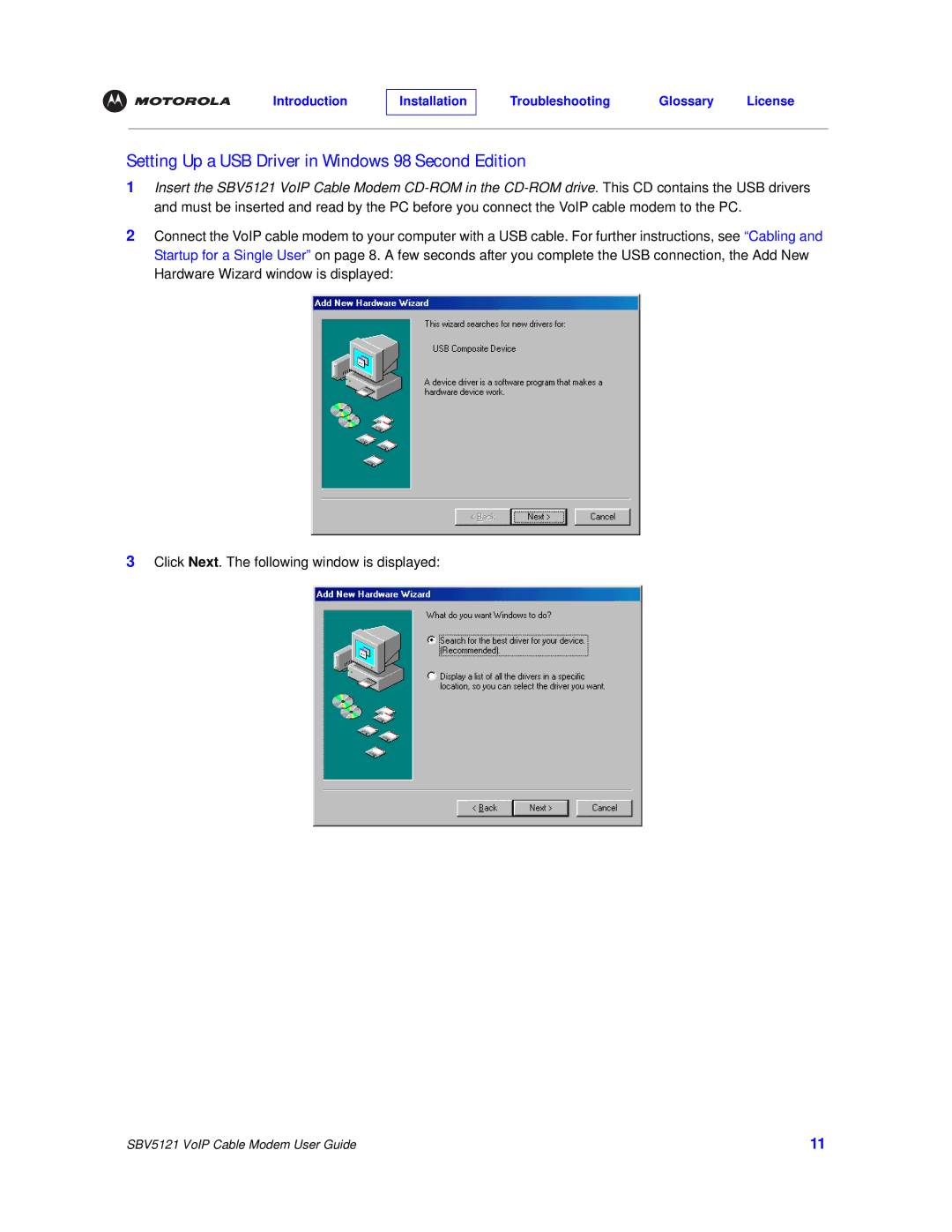 Motorola SBV5121 manual Setting Up a USB Driver in Windows 98 Second Edition 