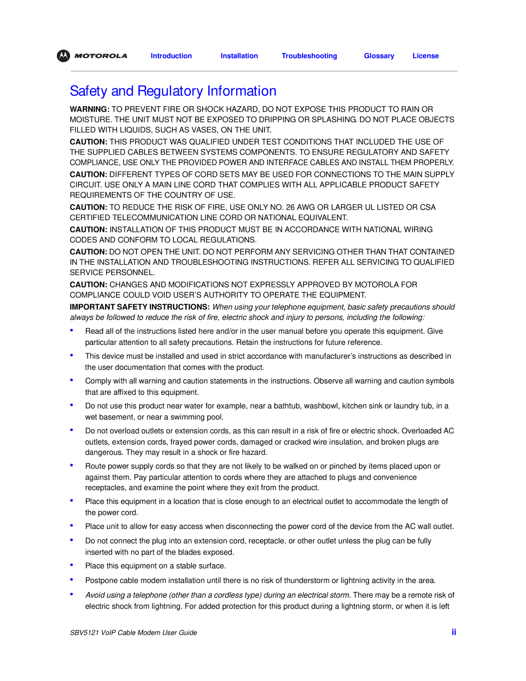 Motorola SBV5121 manual Safety and Regulatory Information 