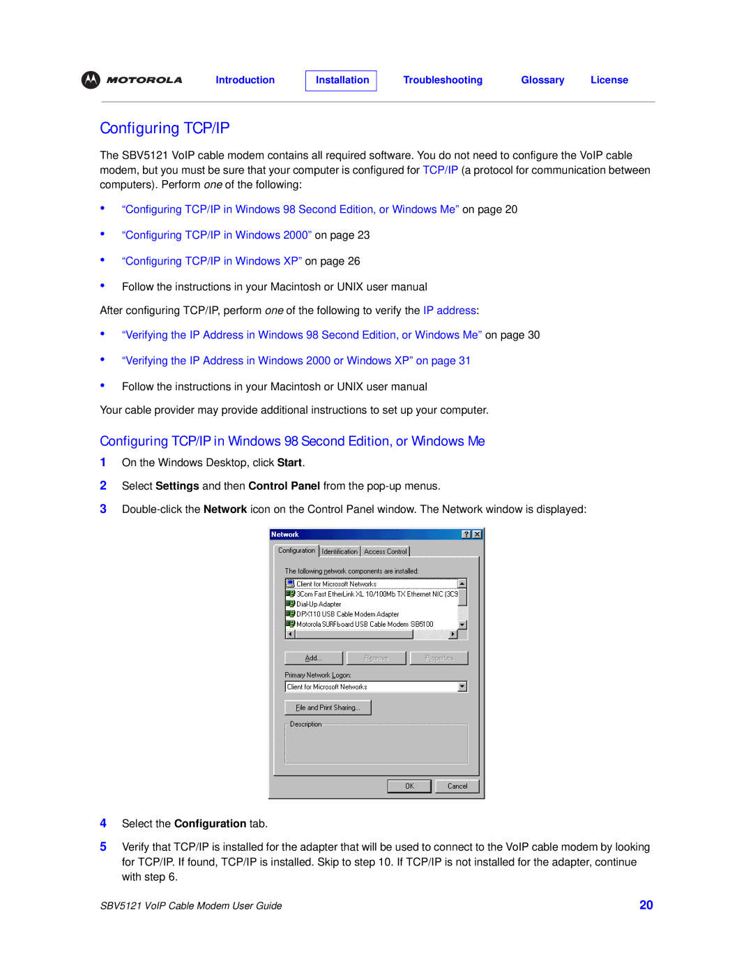 Motorola SBV5121 manual Configuring TCP/IP 