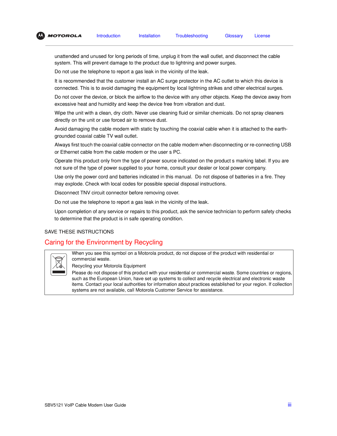 Motorola SBV5121 manual Caring for the Environment by Recycling, Recycling your Motorola Equipment 