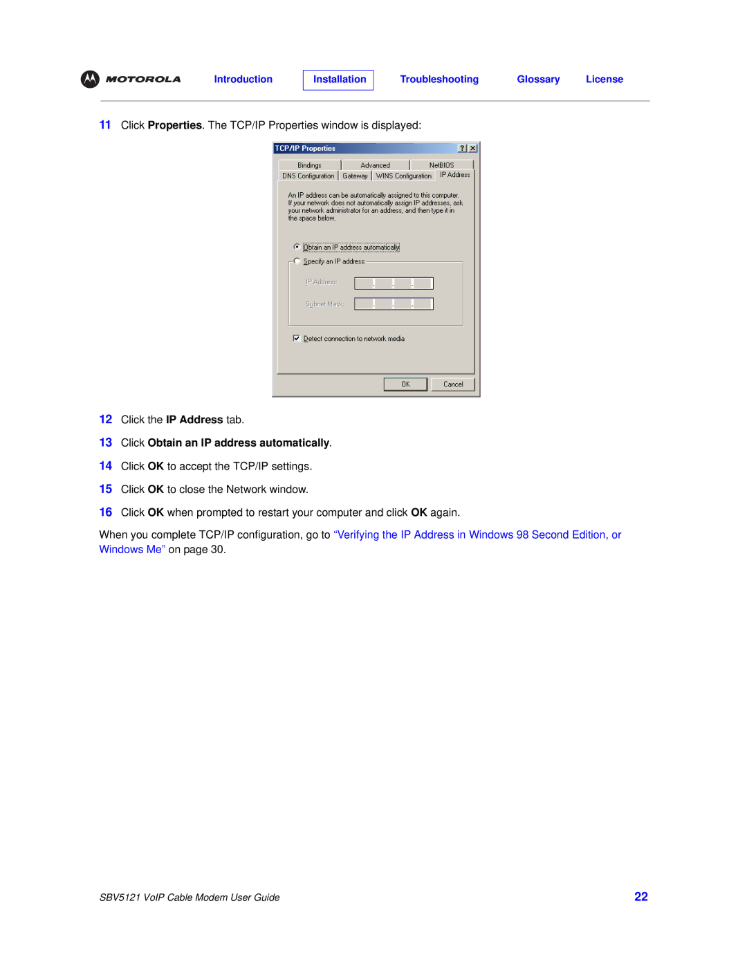 Motorola SBV5121 manual Click Obtain an IP address automatically 