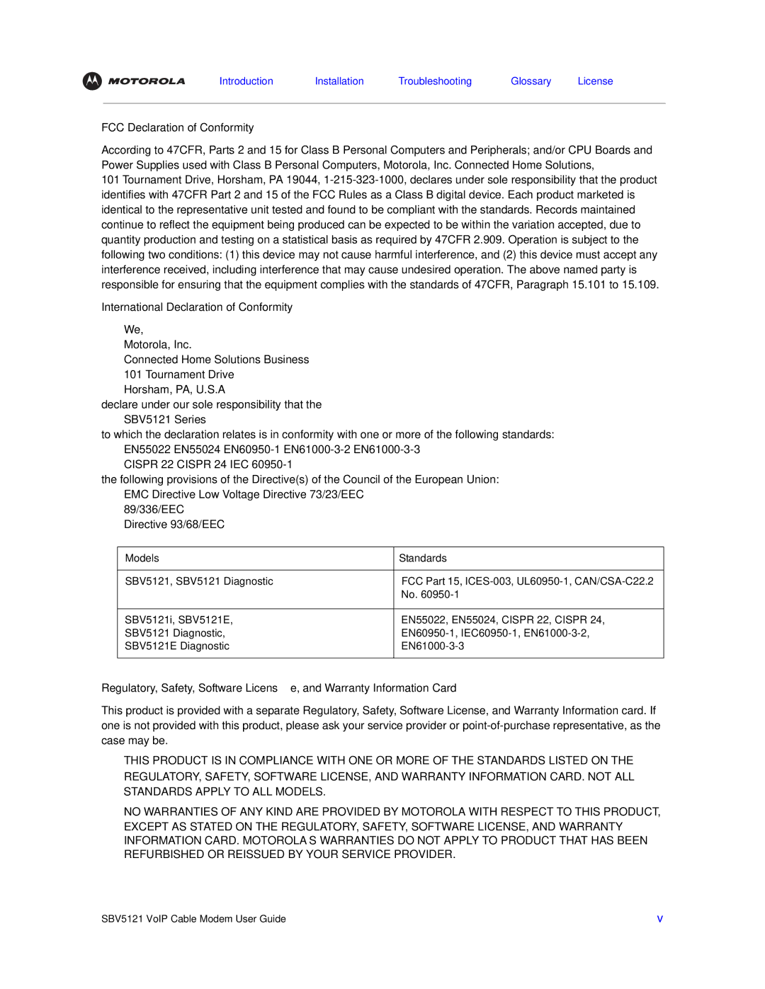 Motorola SBV5121 manual FCC Declaration of Conformity, International Declaration of Conformity, Models Standards 