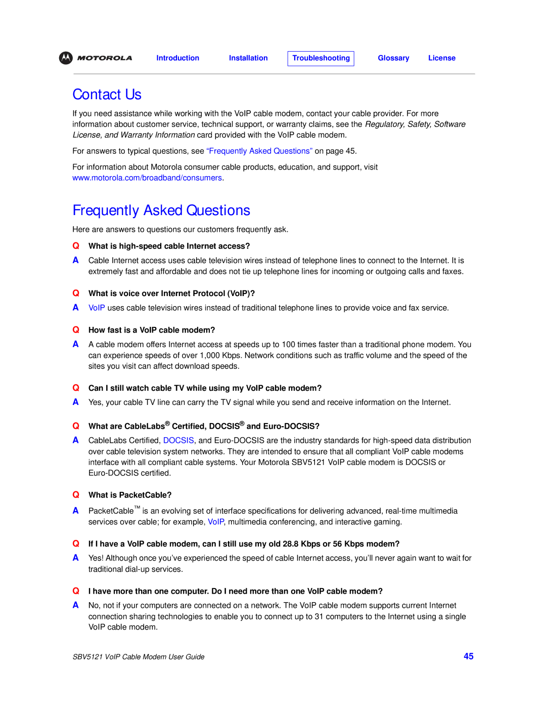 Motorola SBV5121 manual Contact Us, Frequently Asked Questions 