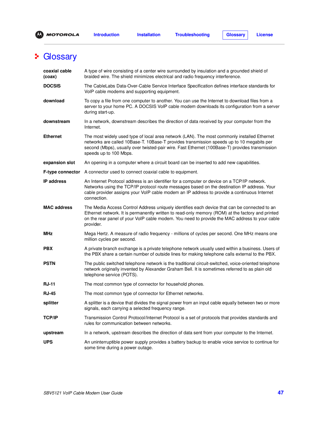 Motorola SBV5121 manual Glossary 