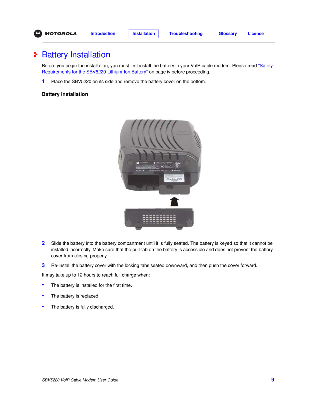 Motorola SBV5220 manual Battery Installation 