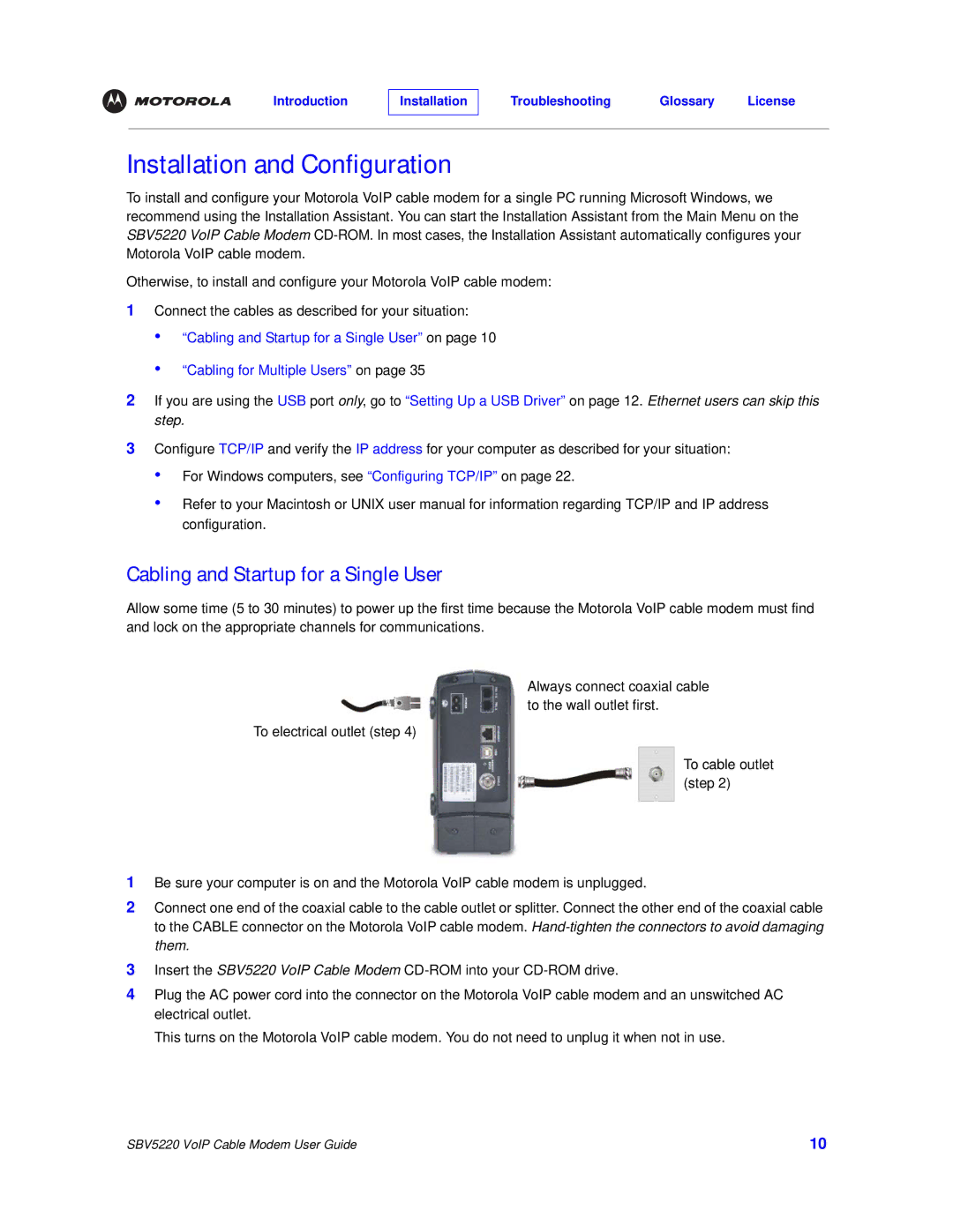 Motorola SBV5220 manual Installation and Configuration, Cabling and Startup for a Single User 