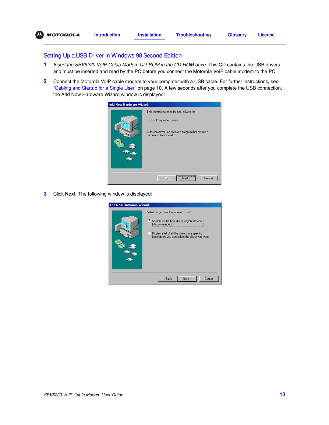 Motorola SBV5220 manual Setting Up a USB Driver in Windows 98 Second Edition 