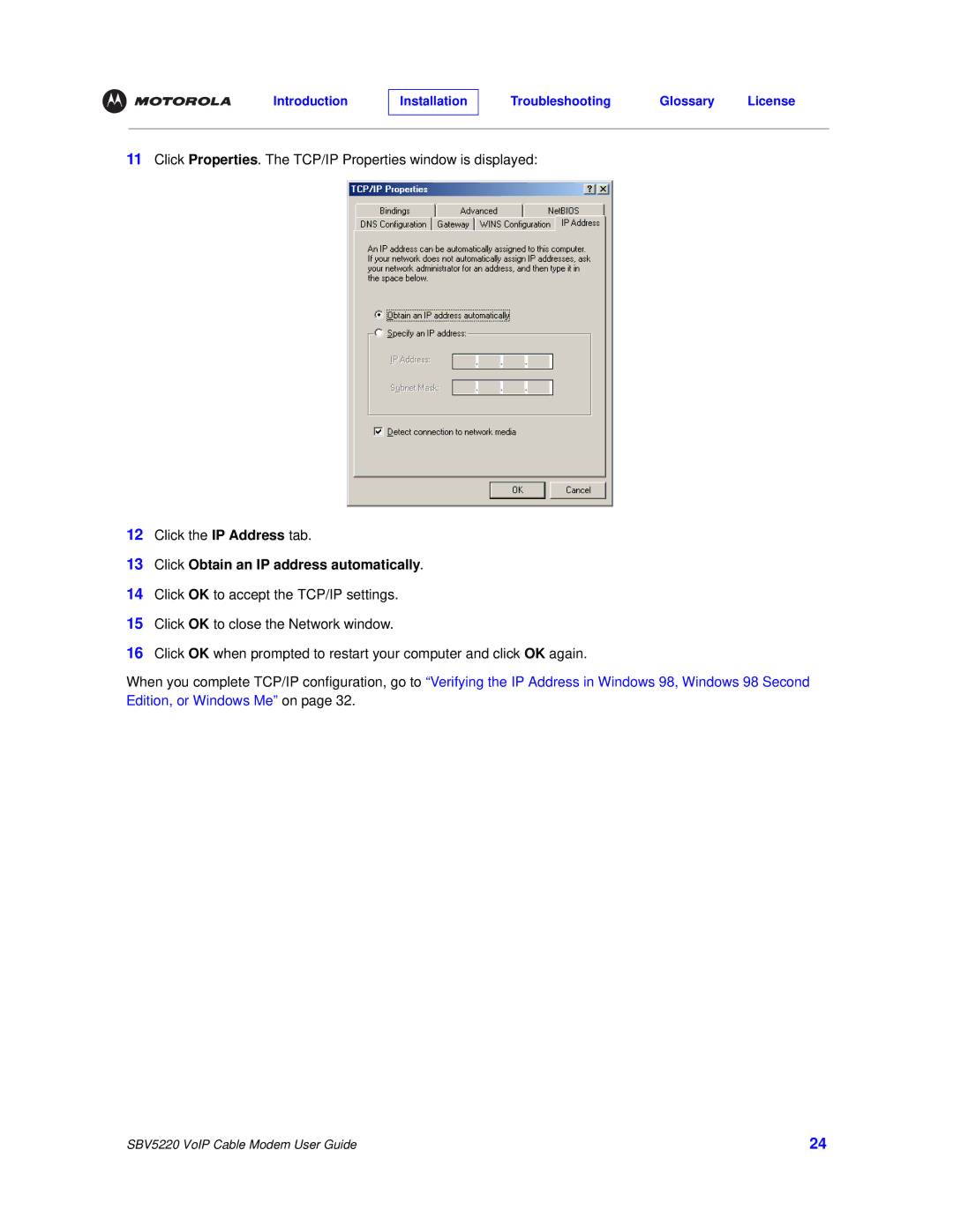 Motorola SBV5220 manual Click Obtain an IP address automatically 