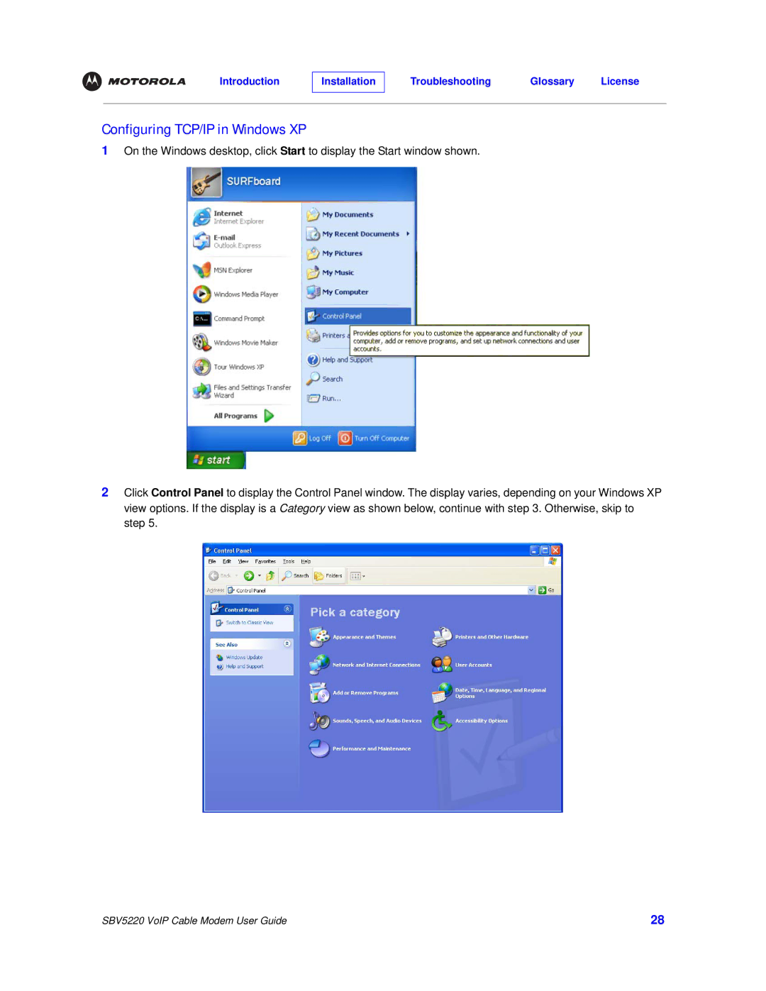 Motorola SBV5220 manual Configuring TCP/IP in Windows XP 