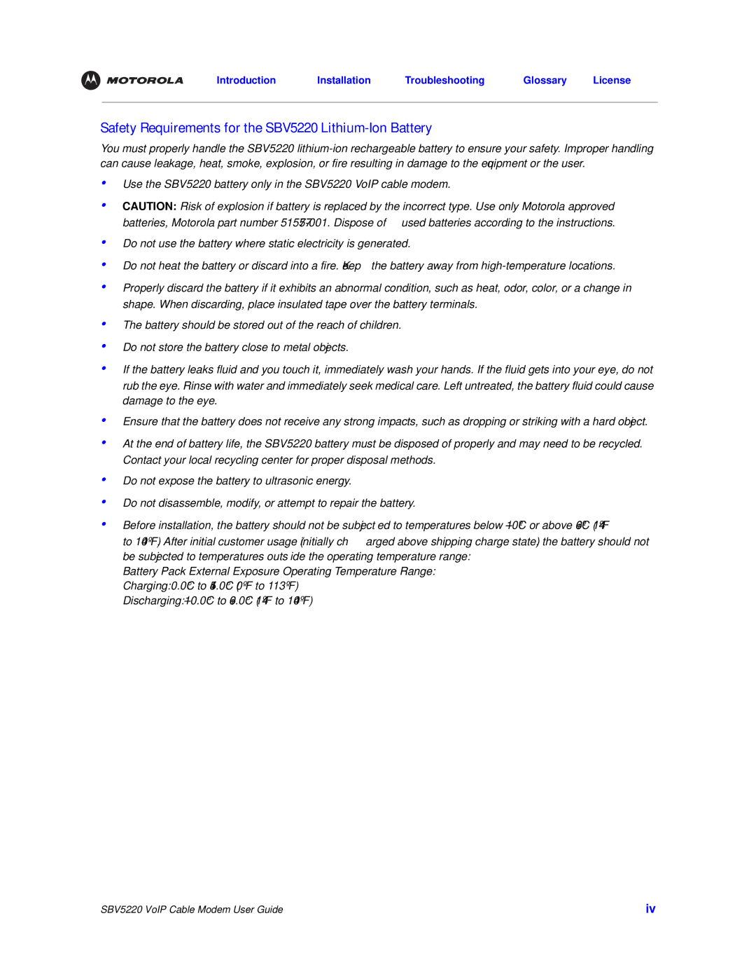 Motorola manual Safety Requirements for the SBV5220 Lithium-Ion Battery 