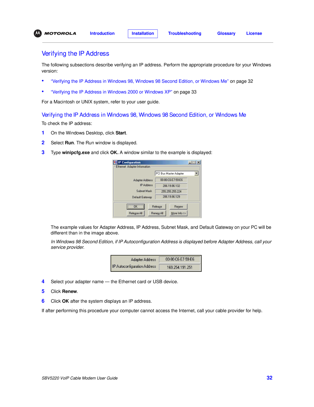 Motorola SBV5220 manual Verifying the IP Address 