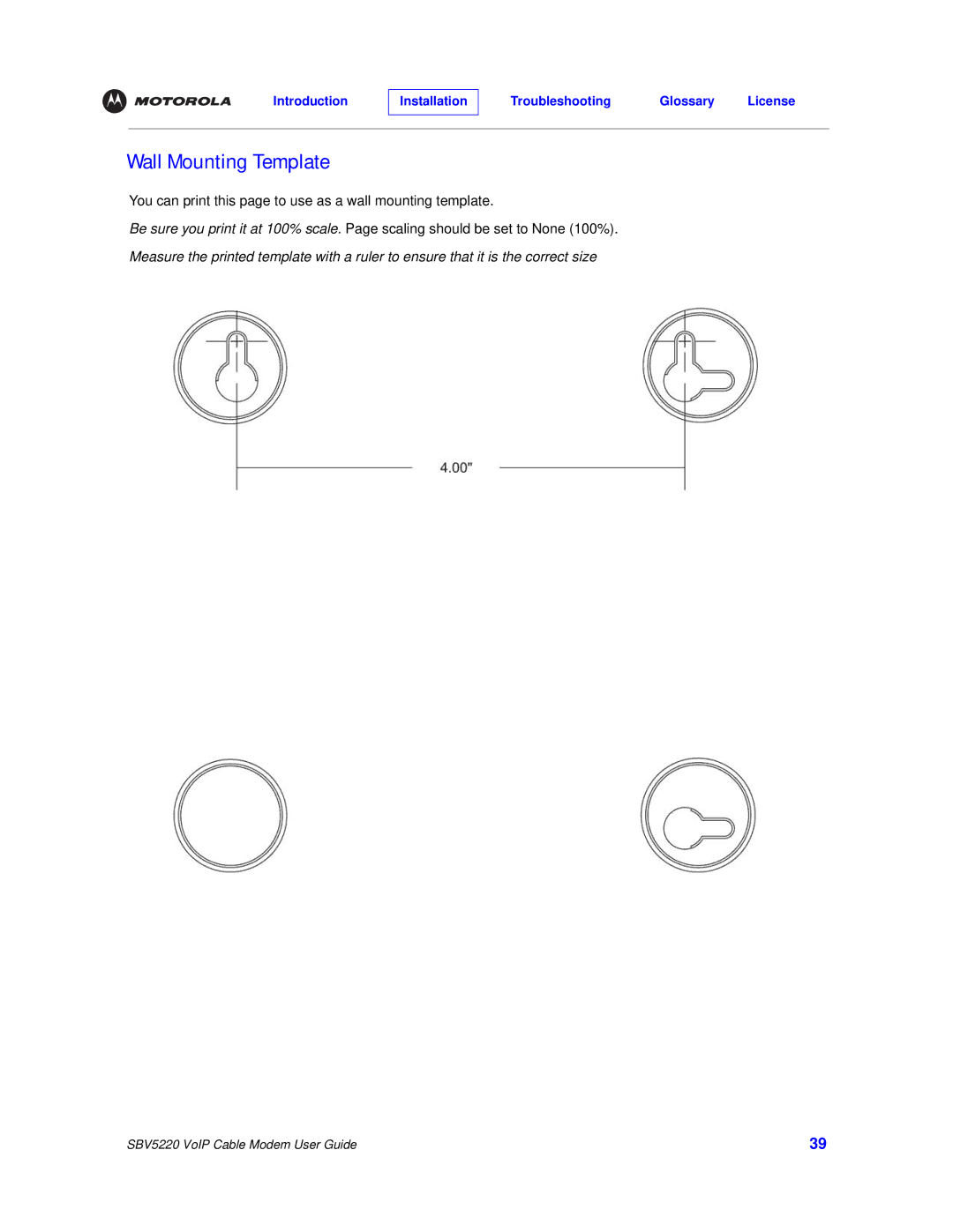 Motorola SBV5220 manual Wall Mounting Template 