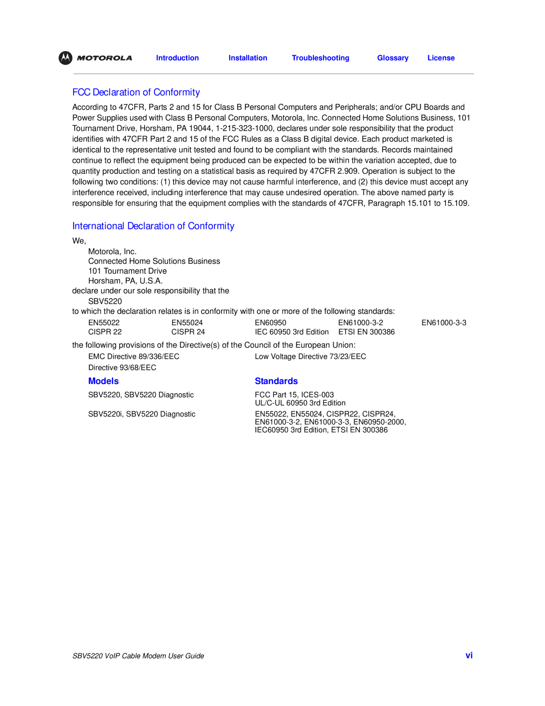 Motorola SBV5220 manual FCC Declaration of Conformity, International Declaration of Conformity 