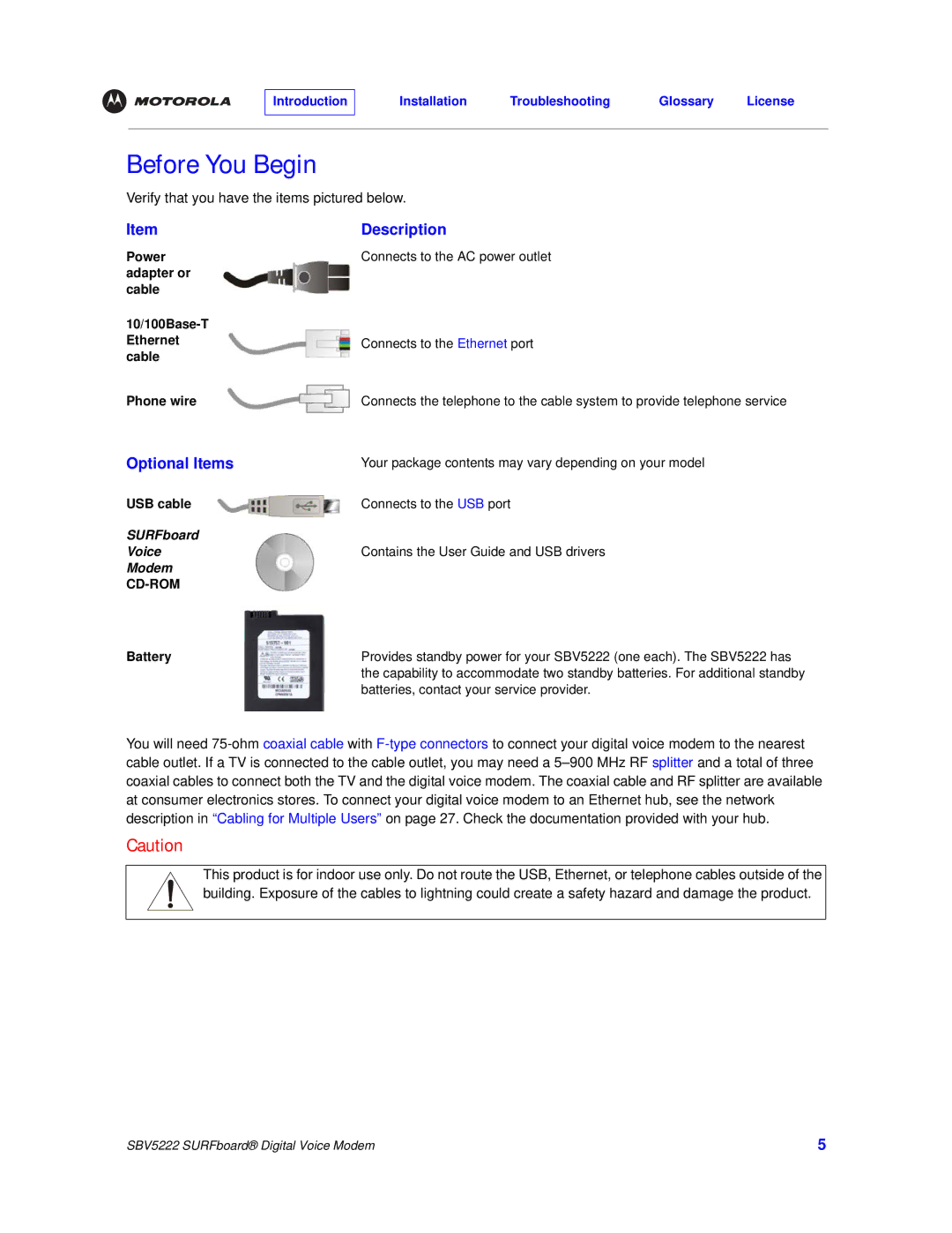 Motorola SBV5222 manual Before You Begin, Optional Items 