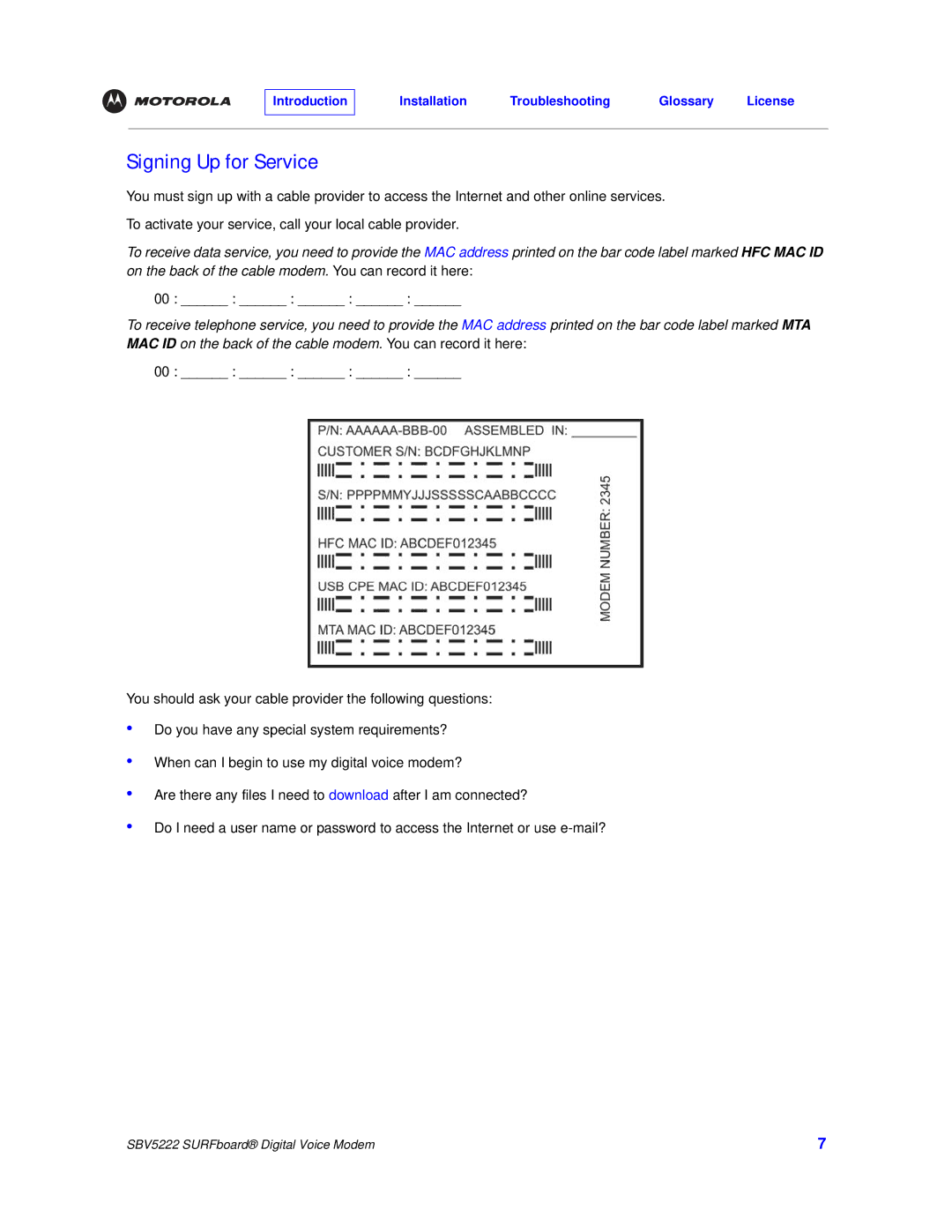 Motorola SBV5222 manual Signing Up for Service 