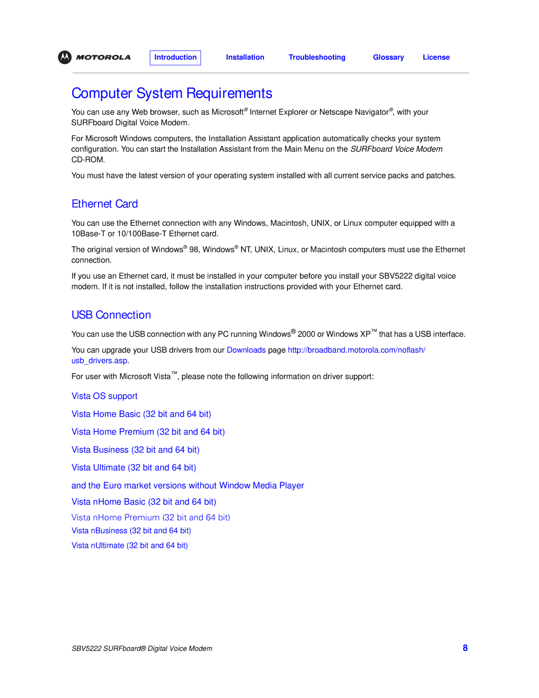 Motorola SBV5222 manual Computer System Requirements, Ethernet Card, USB Connection 