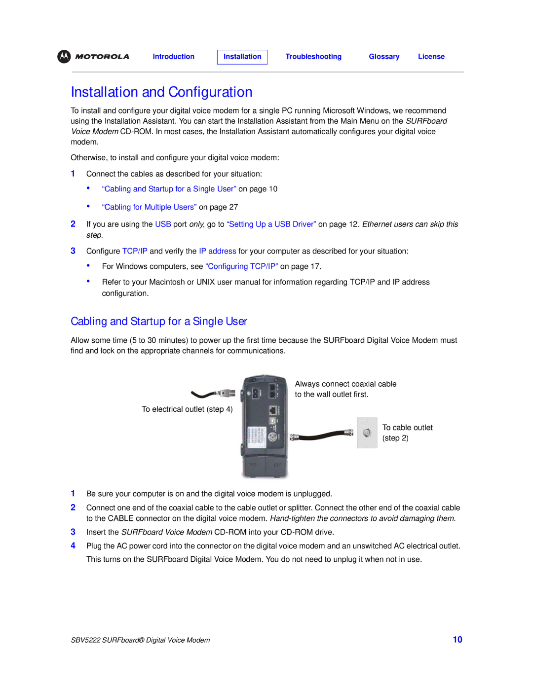 Motorola SBV5222 manual Installation and Configuration, Cabling and Startup for a Single User 