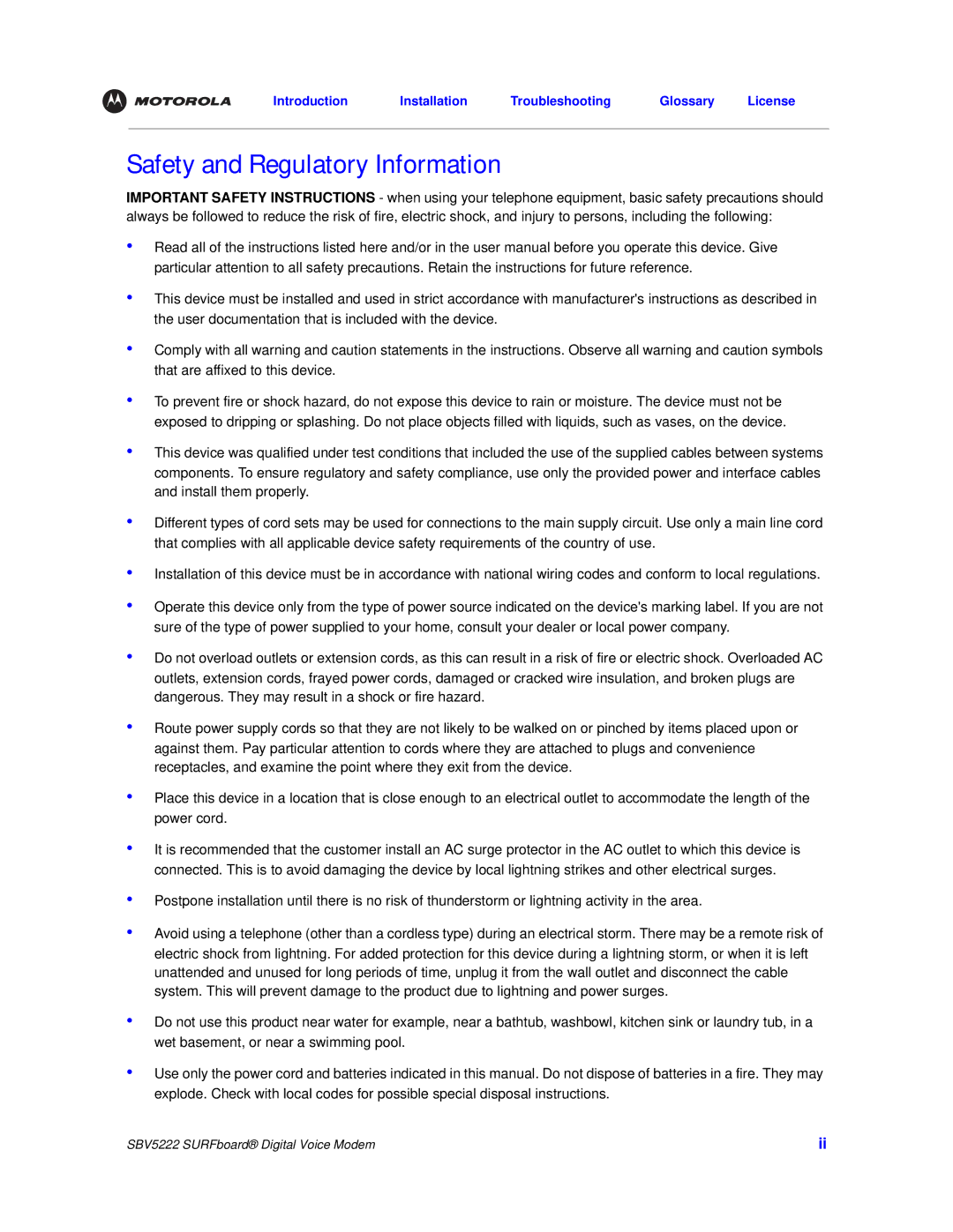 Motorola SBV5222 manual Safety and Regulatory Information 