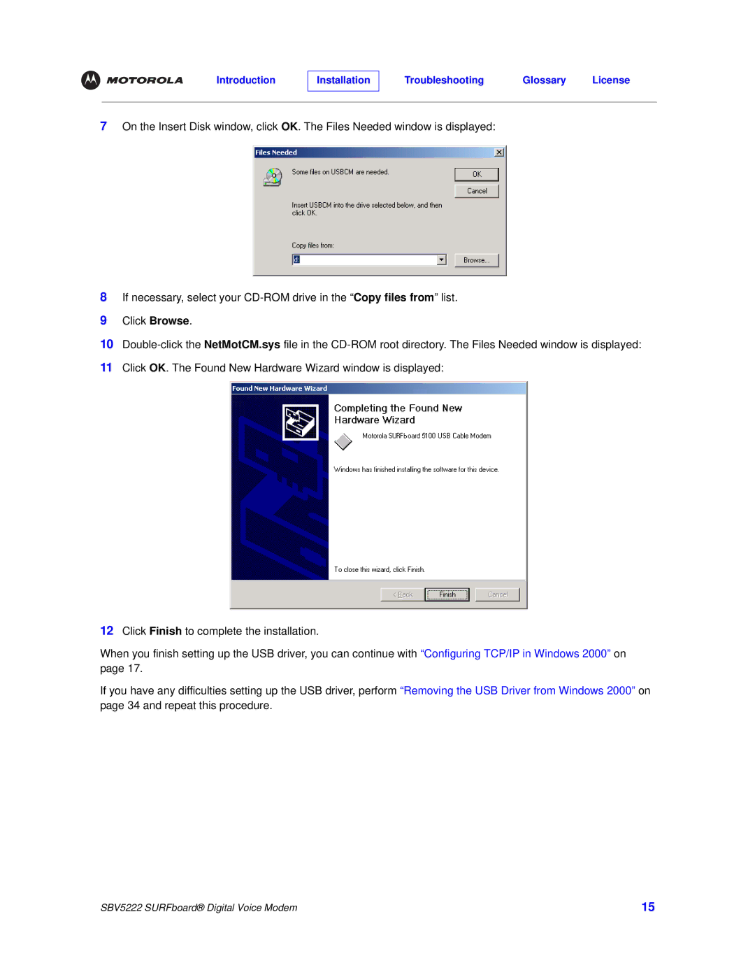 Motorola SBV5222 manual Introduction Installation Troubleshooting Glossary License 