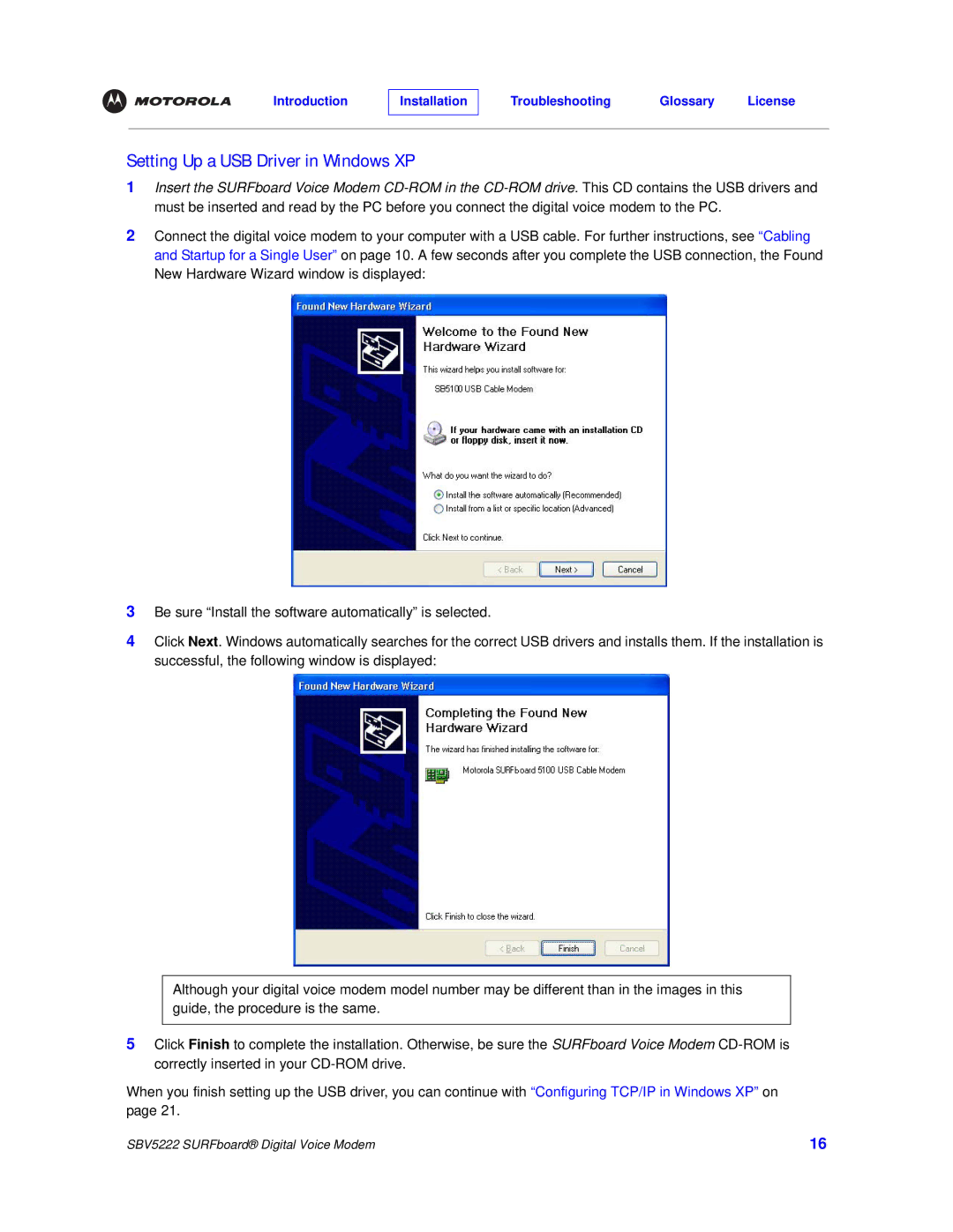 Motorola SBV5222 manual Setting Up a USB Driver in Windows XP 