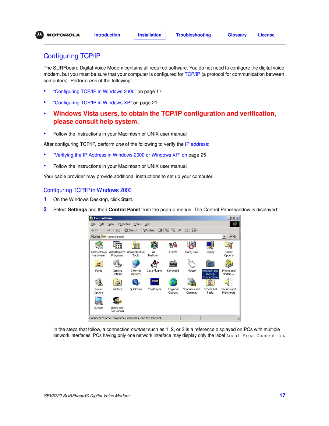 Motorola SBV5222 manual Configuring TCP/IP in Windows 