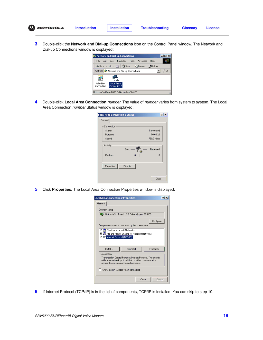 Motorola SBV5222 manual Introduction Installation Troubleshooting Glossary License 