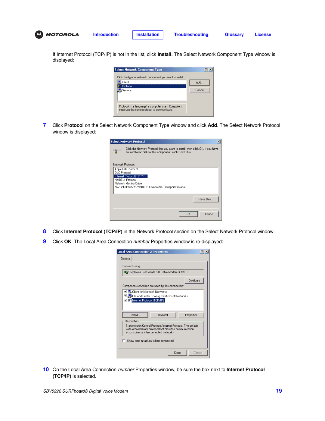 Motorola SBV5222 manual Introduction Installation Troubleshooting Glossary License 