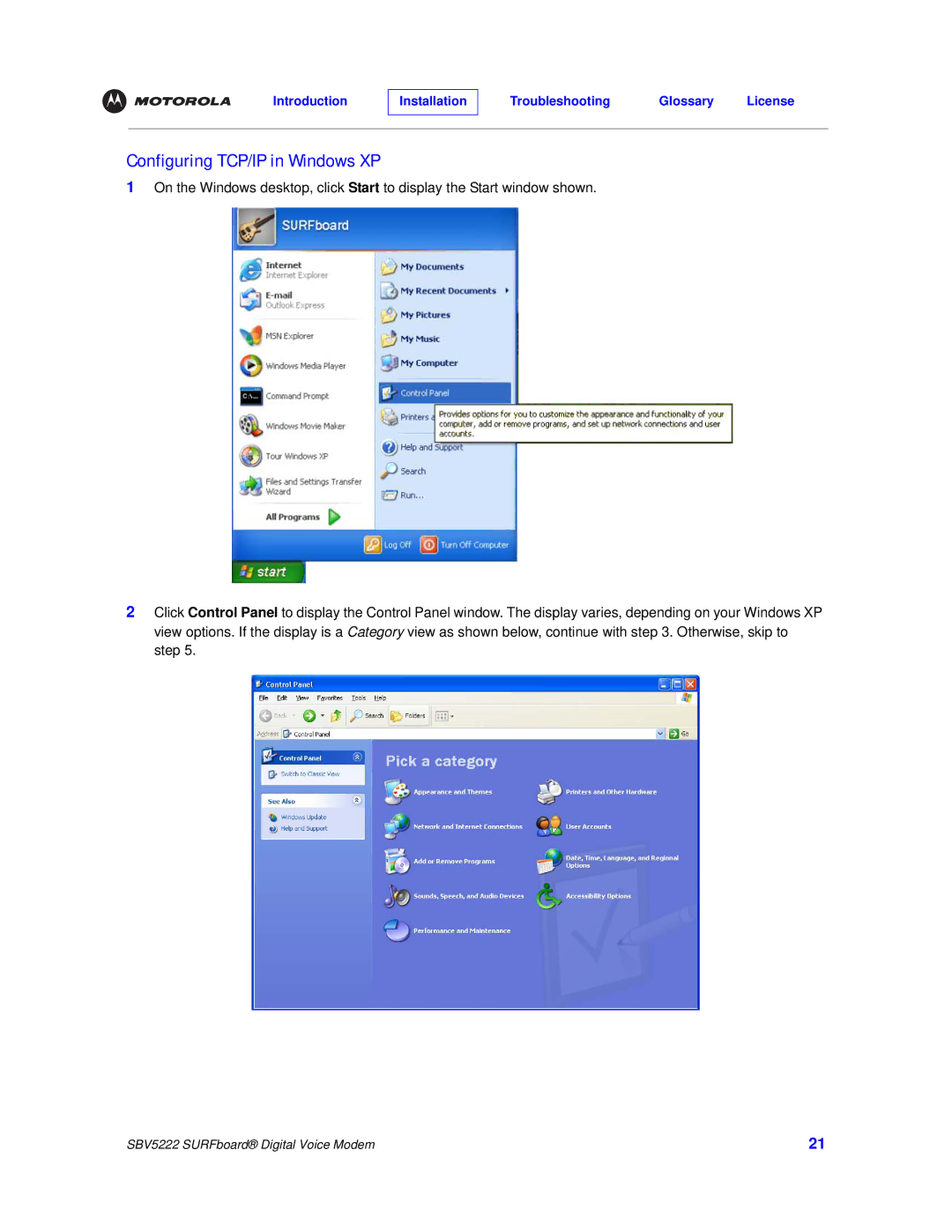 Motorola SBV5222 manual Configuring TCP/IP in Windows XP 