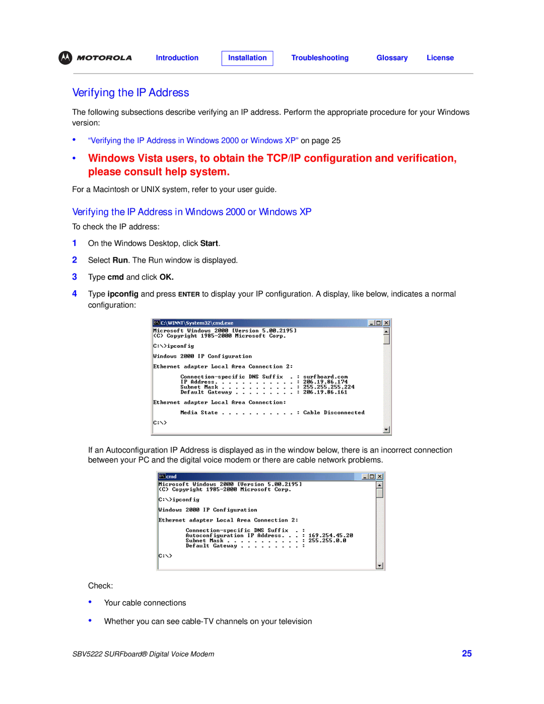 Motorola SBV5222 manual Verifying the IP Address in Windows 2000 or Windows XP 