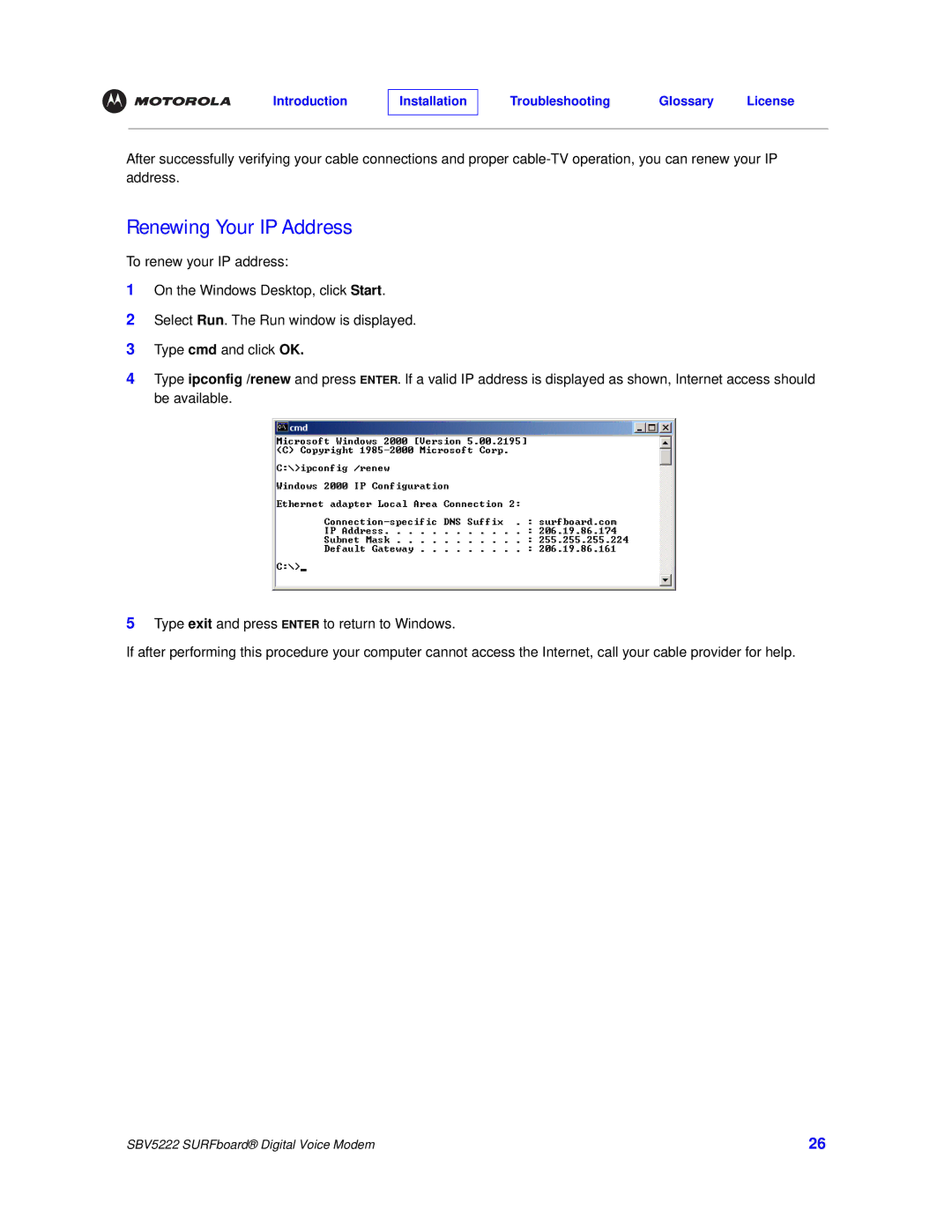 Motorola SBV5222 manual Renewing Your IP Address 