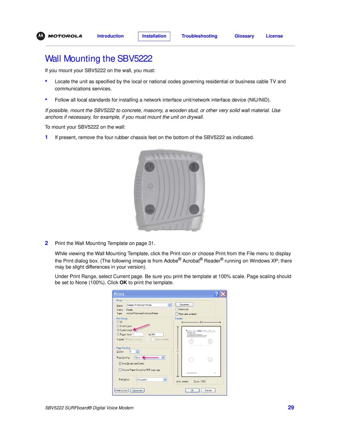 Motorola manual Wall Mounting the SBV5222 