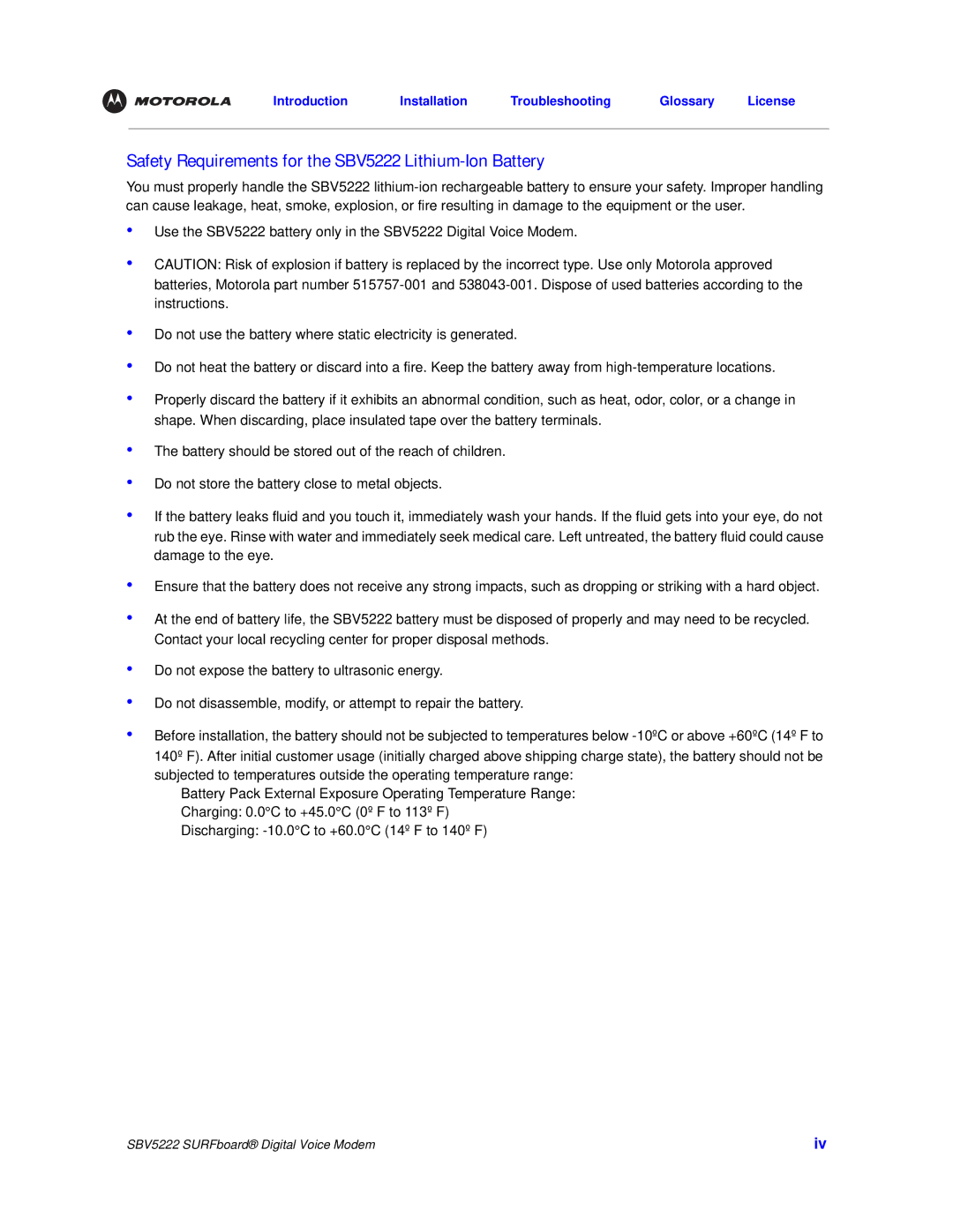 Motorola manual Safety Requirements for the SBV5222 Lithium-Ion Battery 