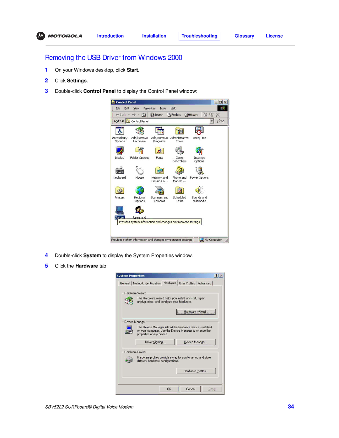 Motorola SBV5222 manual Removing the USB Driver from Windows, Click Settings 