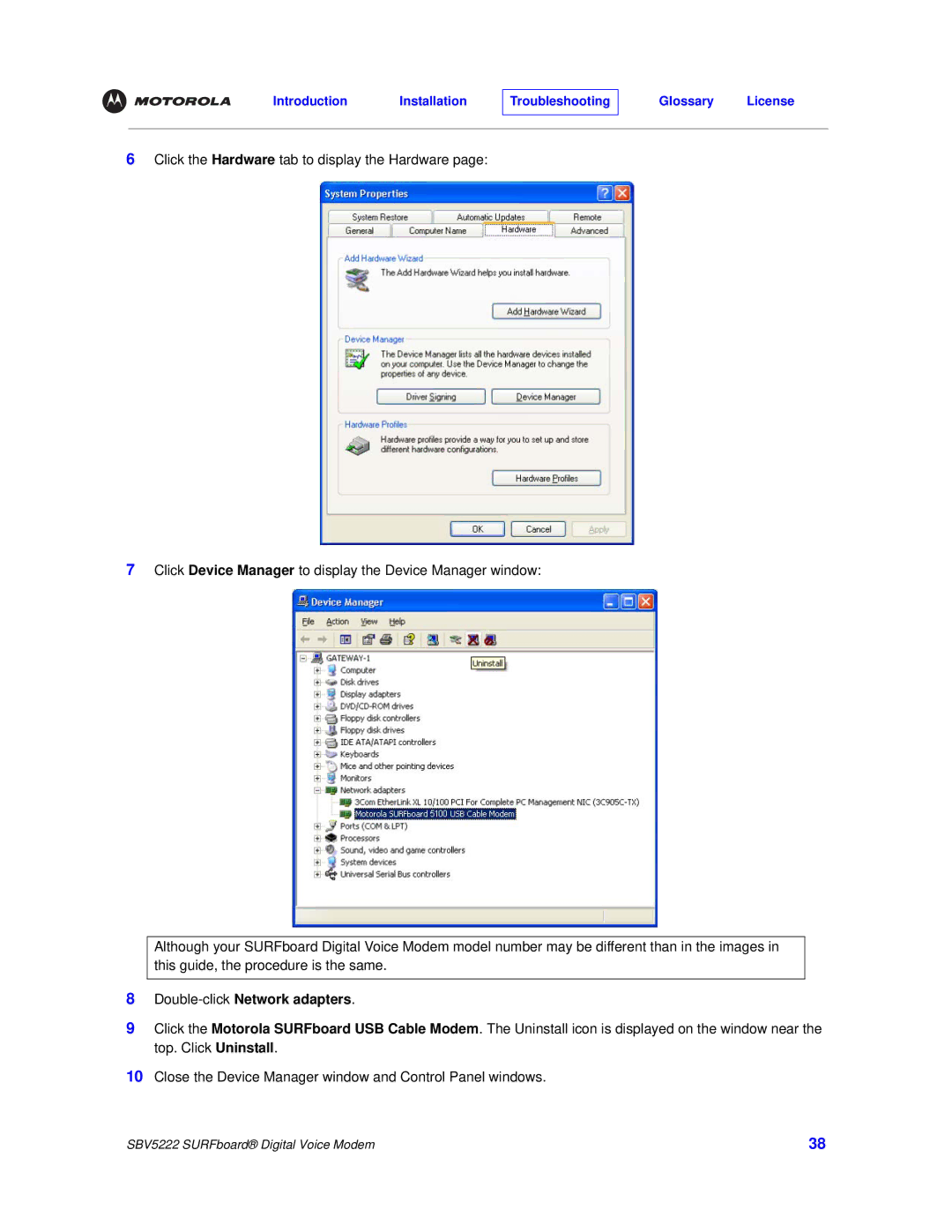 Motorola SBV5222 manual Double-clickNetwork adapters 