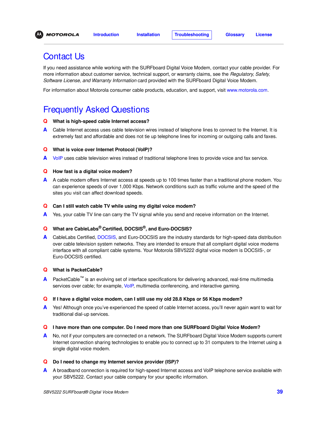 Motorola SBV5222 manual Contact Us, Frequently Asked Questions 